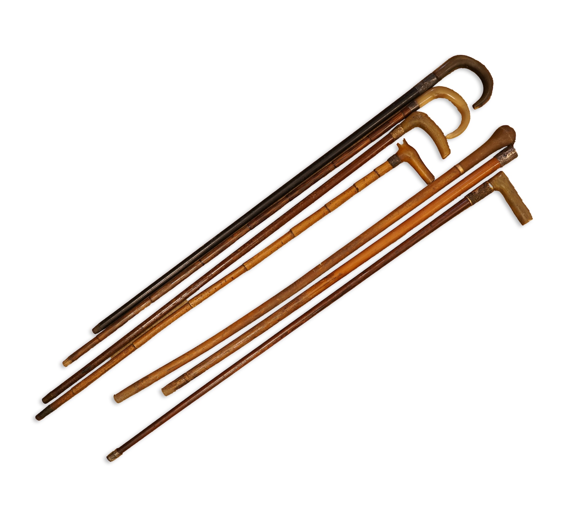 A collection of seven horn handles walking sticks some gold and white metal mounted